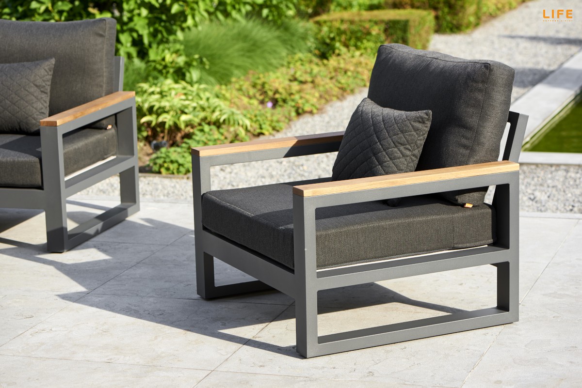 LIFE Loungesofa Set SOHO lava / Teak  inkl. All Weather Polster in Carbon